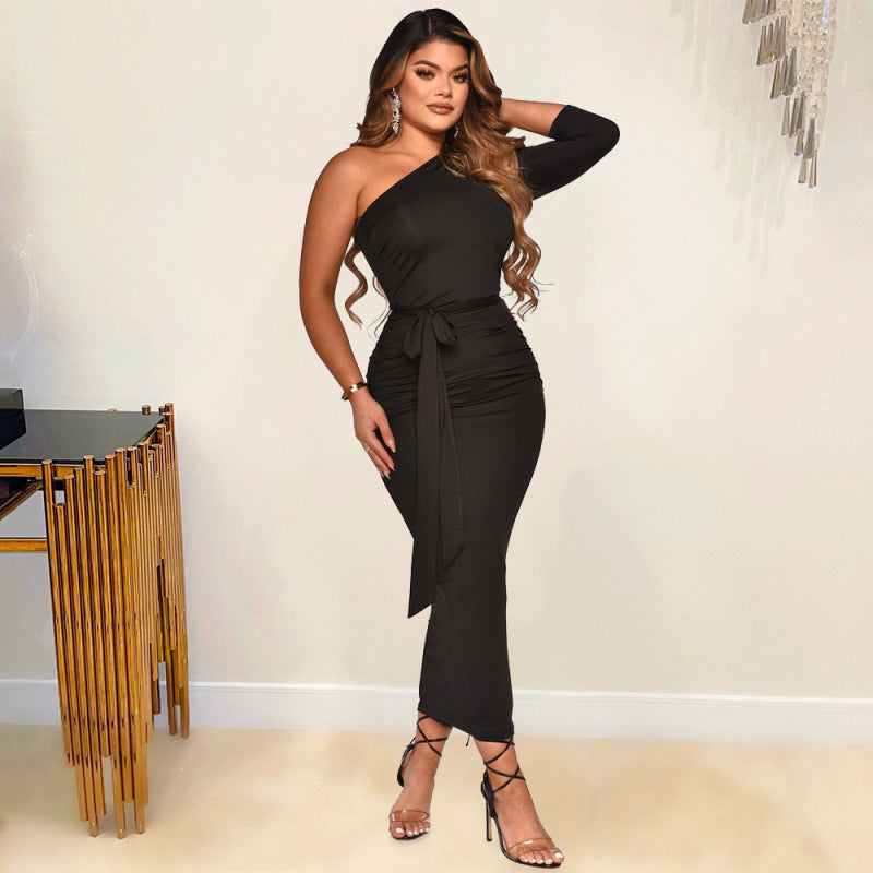 Women Sexy Tight-Fitting Irregular One-Shoulder Mid-Sleeve Maxi Dress –  FOFANAS SHOP
