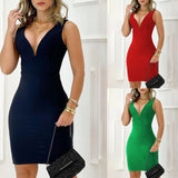 SEXY SLIM SLEEVELESS SOLID V NECK DRESS